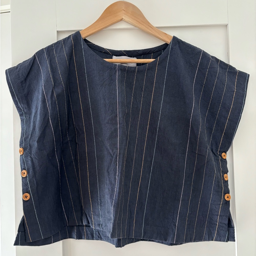 NWOT Liz Alig Handwoven Cotton Oversized Navy Stripe Cropped Top Large